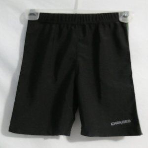 CHARGED small tight black stretchable shorts, fluorecent green stitched sides